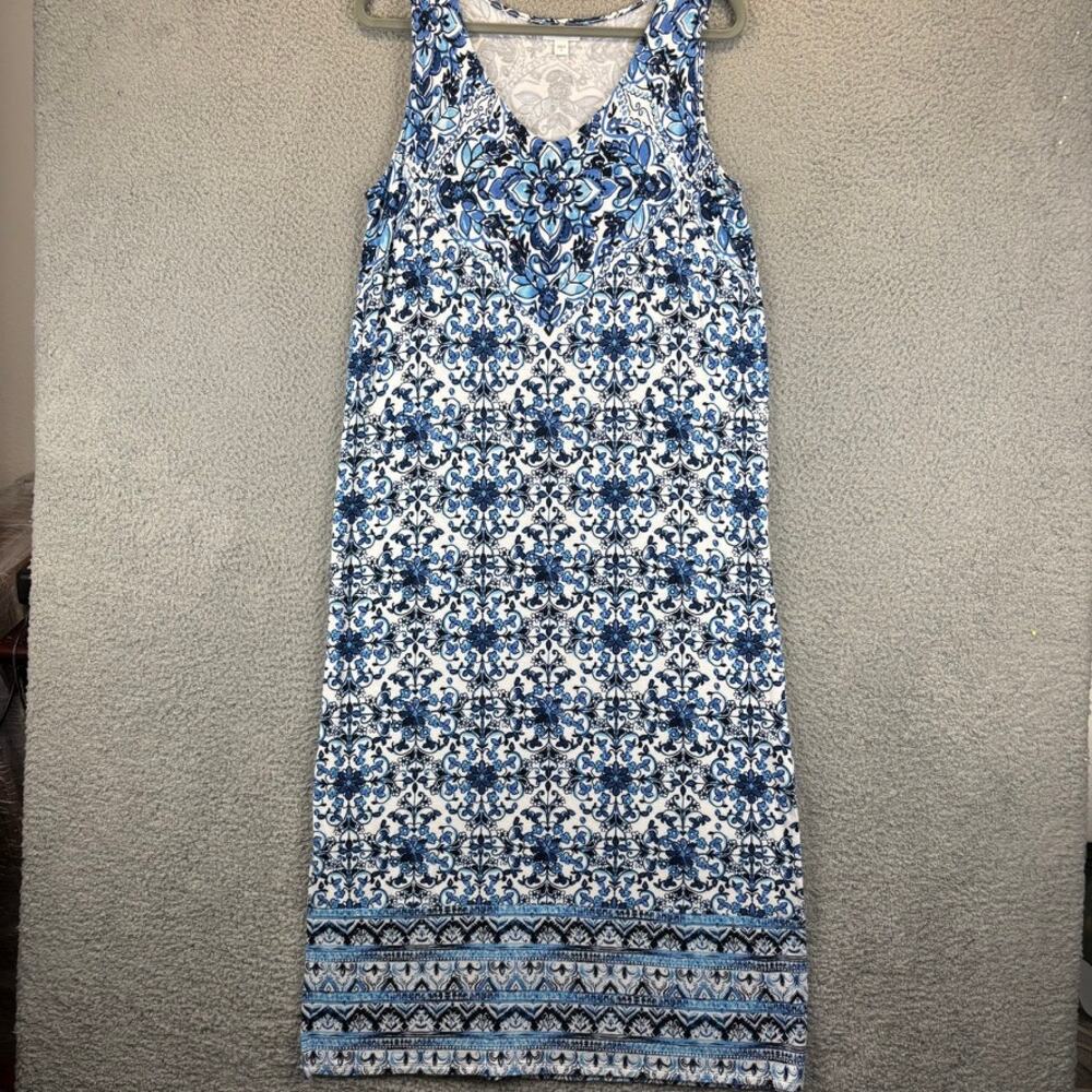 J Jill Dress Medium Beach Coastal Jersey Knit Midi Tile Print Stretch Comfort - Picture 2 of 13